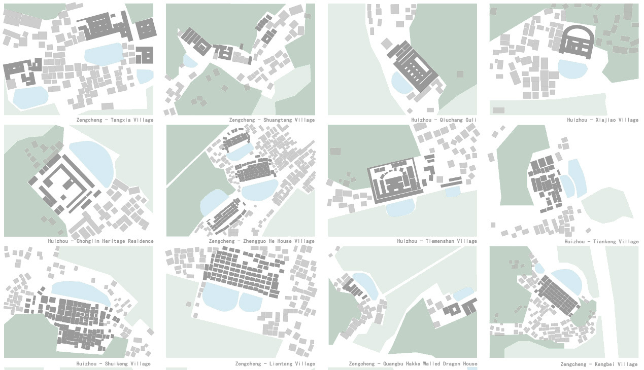 Site plan drawings showing twelve different village layouts with buildings, courtyards, and water bodies in muted colors
