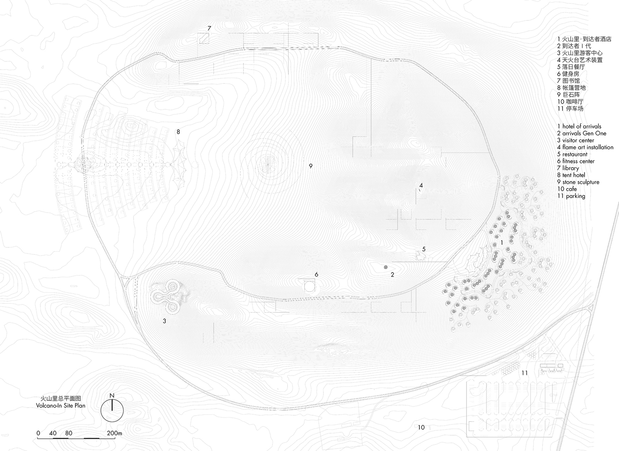 Site plan drawing with contour lines showing the building's placement among trees and circulation paths on hilly topography