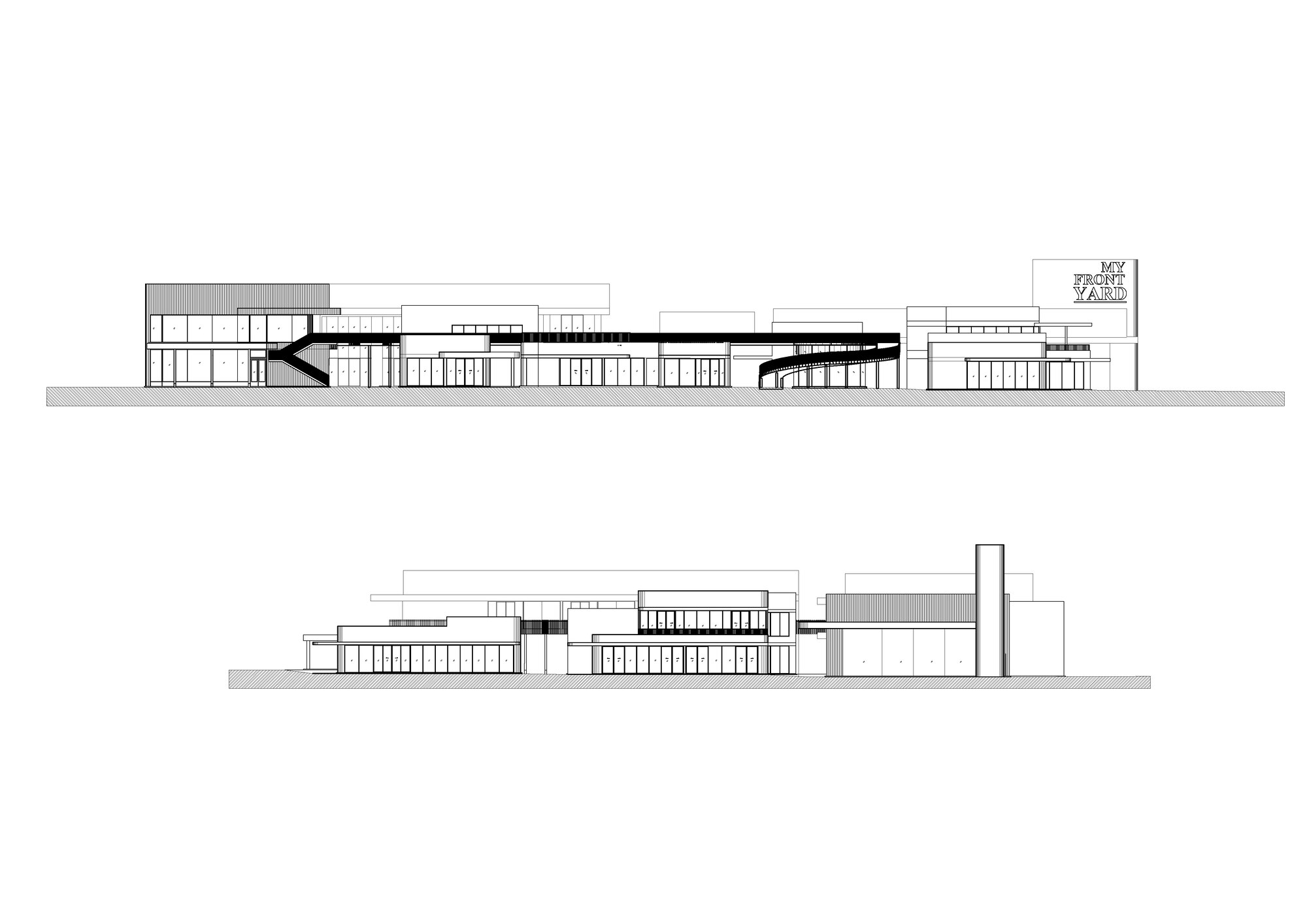 Elevation drawings showing low horizontal volumes with varying roof profiles and vertical tower element