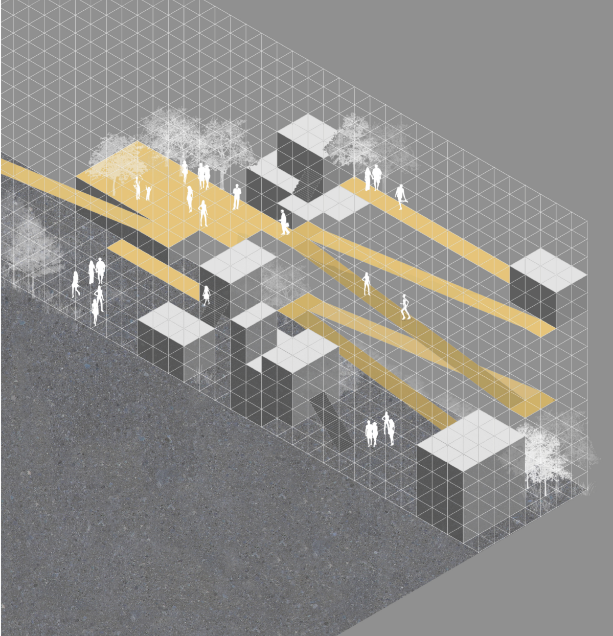 Modular scaffolding pathways reconnecting multiple levels of the Petite Ceinture