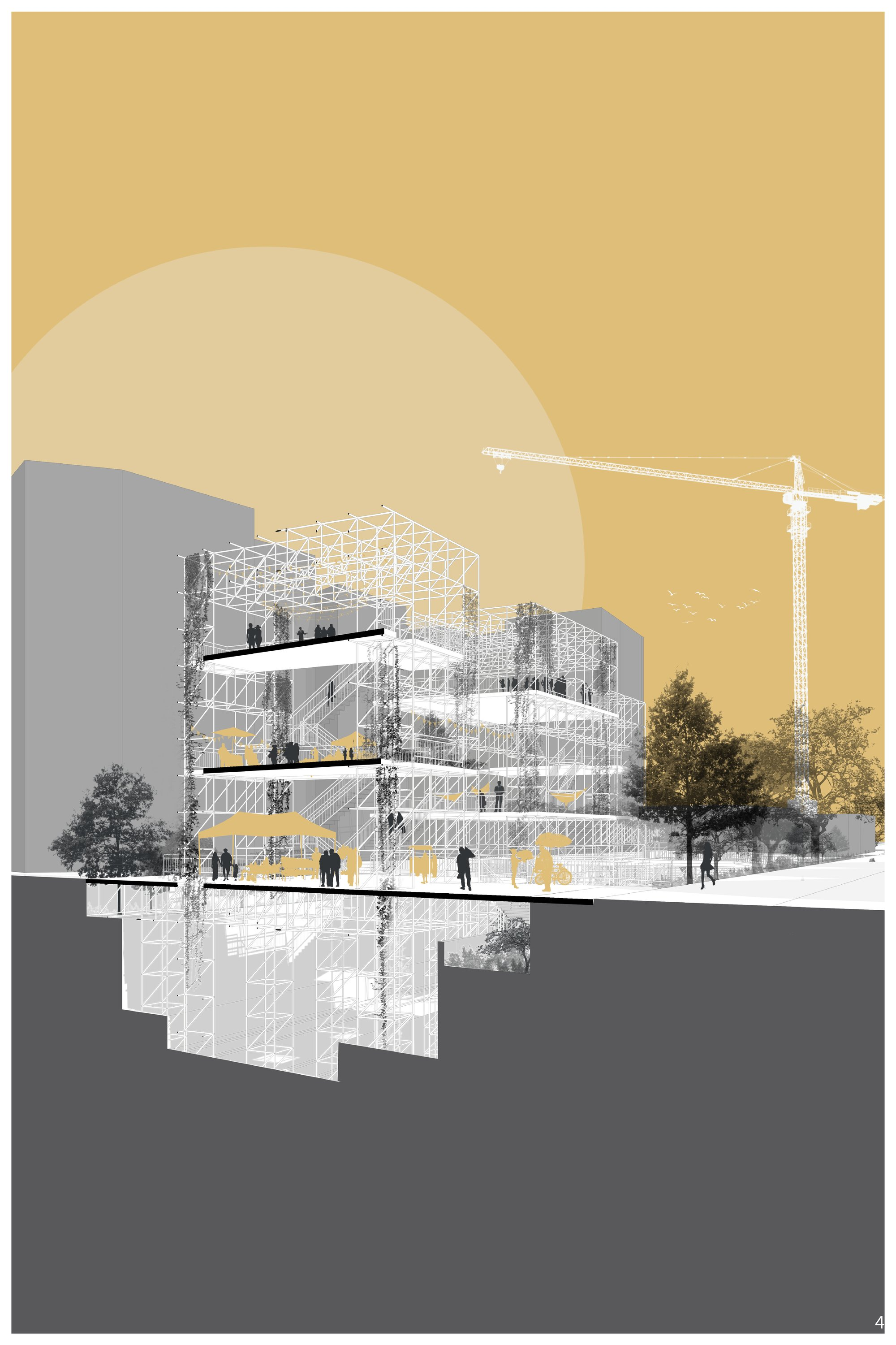Sectional perspective showing adaptive reuse of railway void into layered public space