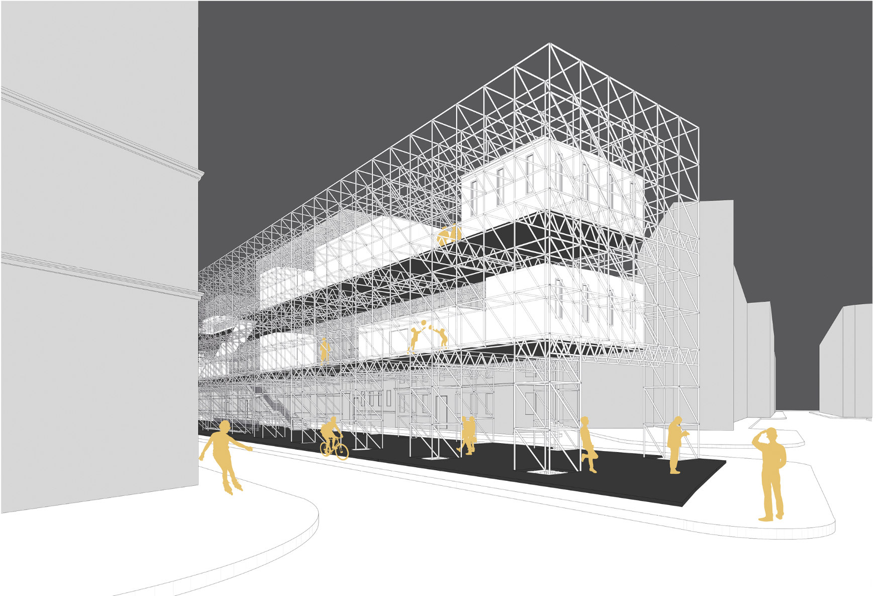 Linear scaffold structure activating street edge with accessible circulation