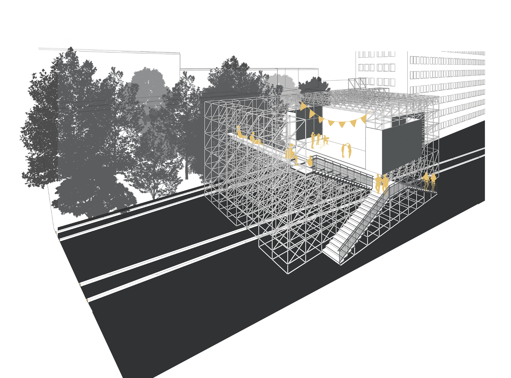 Elevated platform and stairs transforming tracks into an event-oriented public node