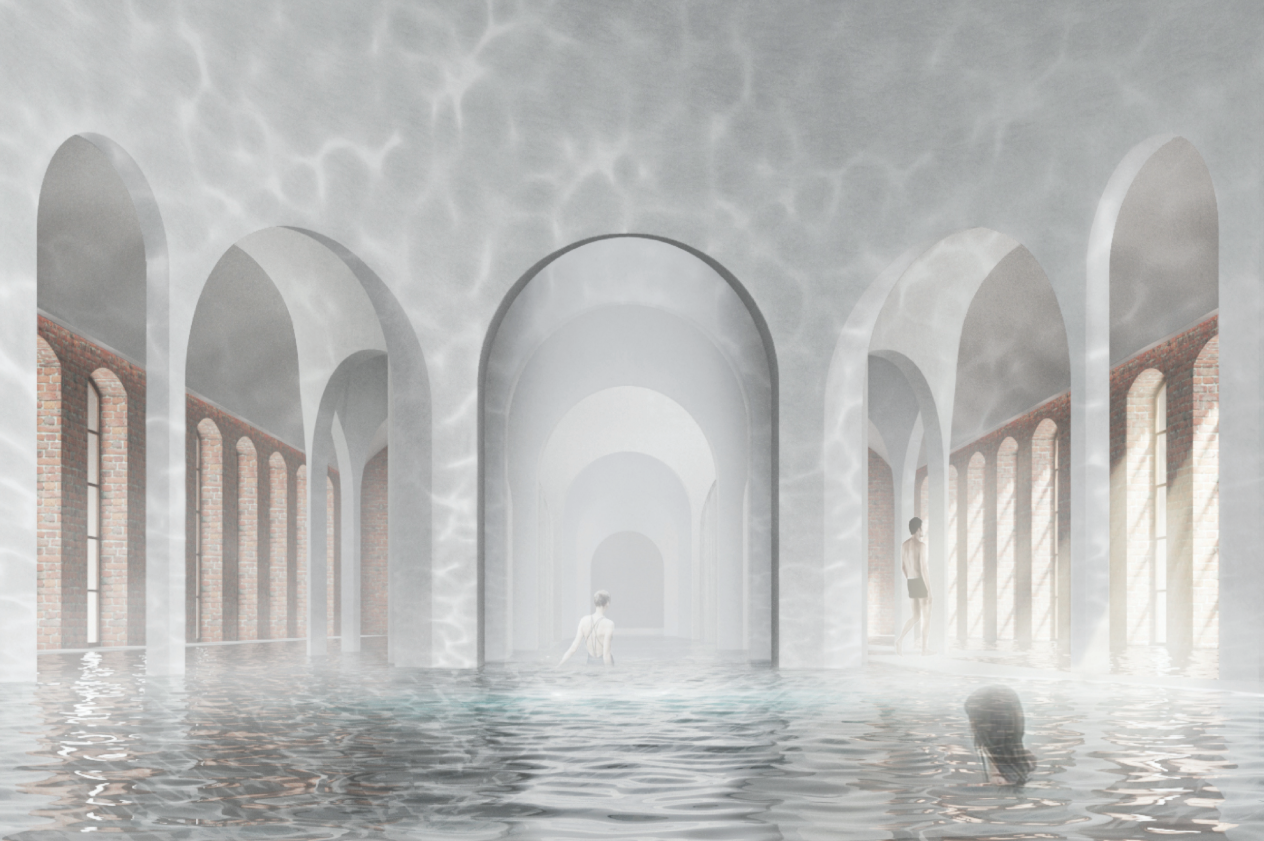 Arched thermal hall where light, water, and structure merge into a continuous spatial experience.