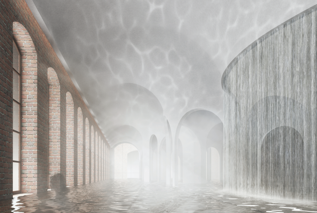 Waterfall chamber creating a sensory transition between thermal zones and spatial volumes.