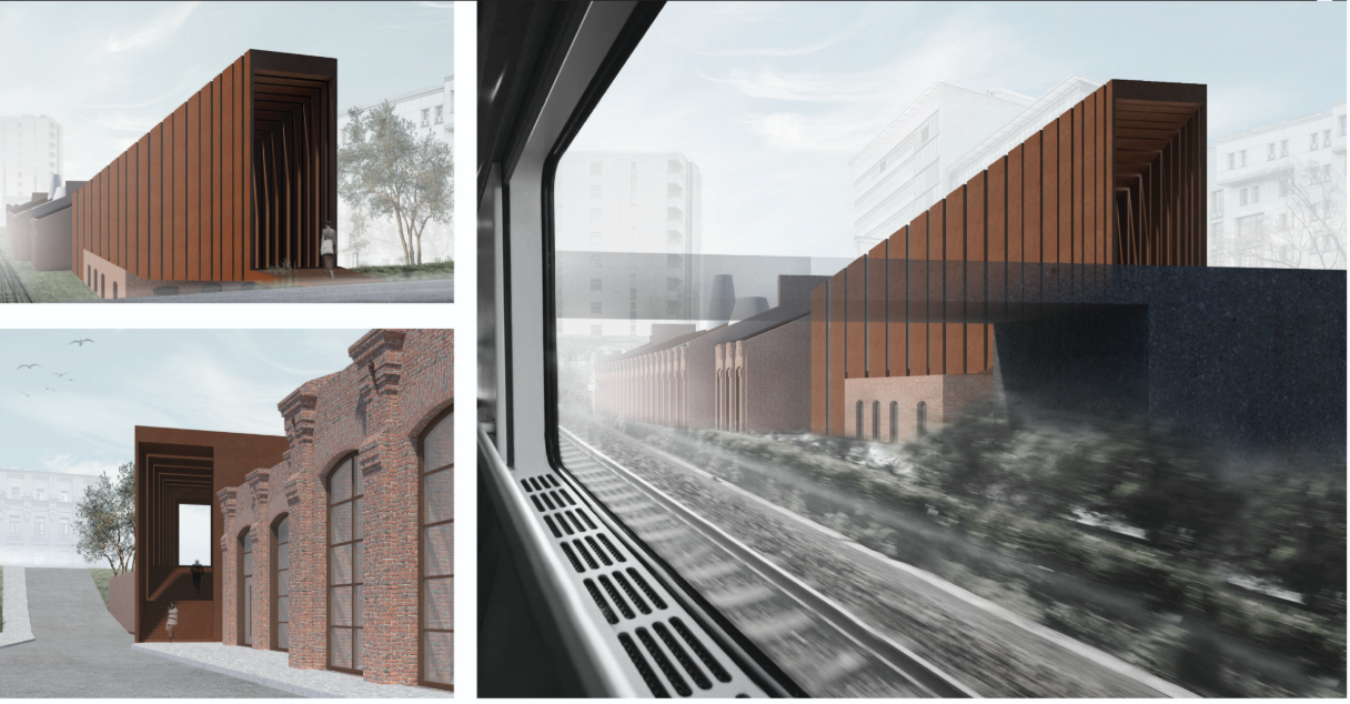 Contemporary intervention contrasts with historic structure, framing movement along the railway edge.