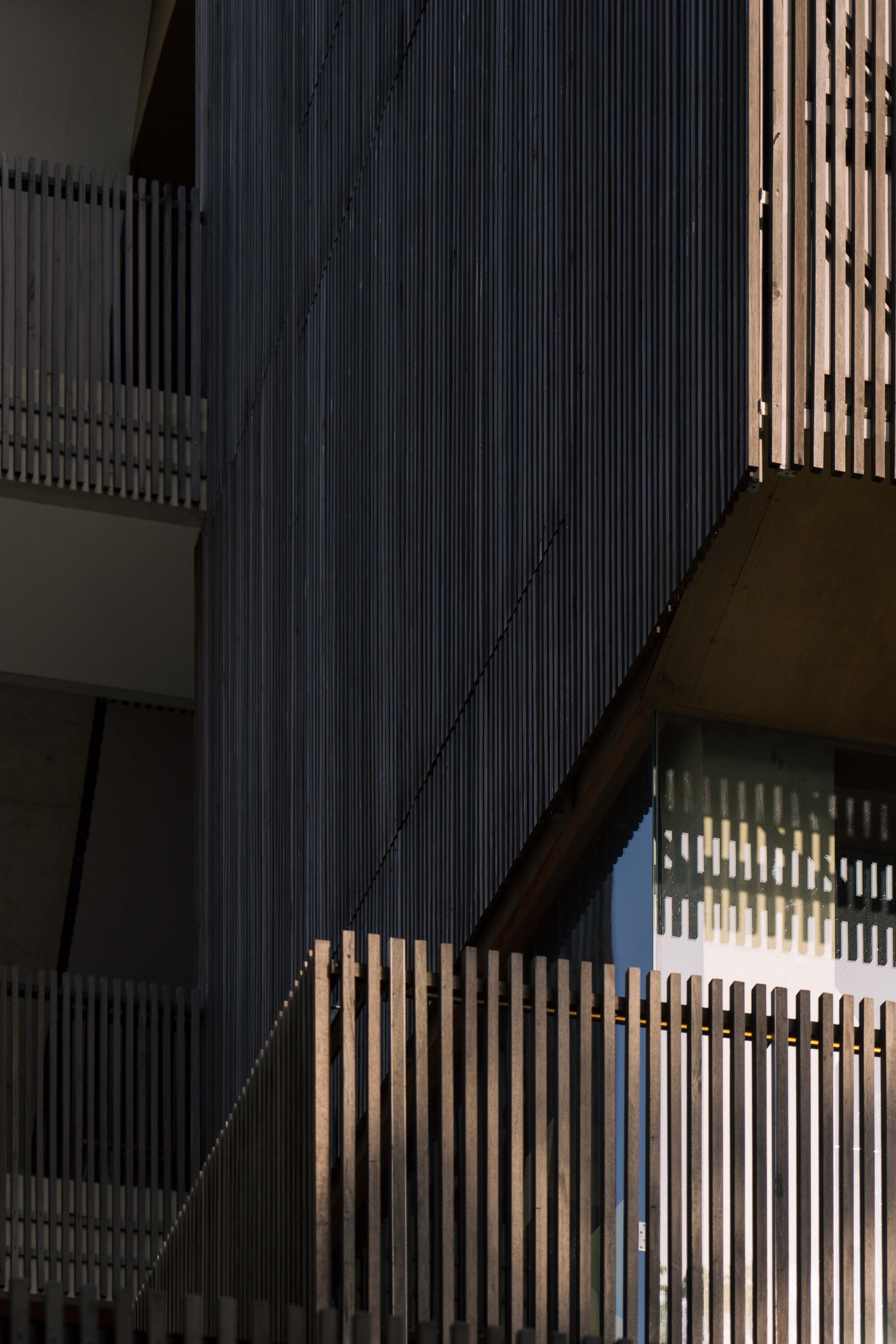 Stacked canopies and vertical timber slats casting shadows on dark cladding in afternoon light