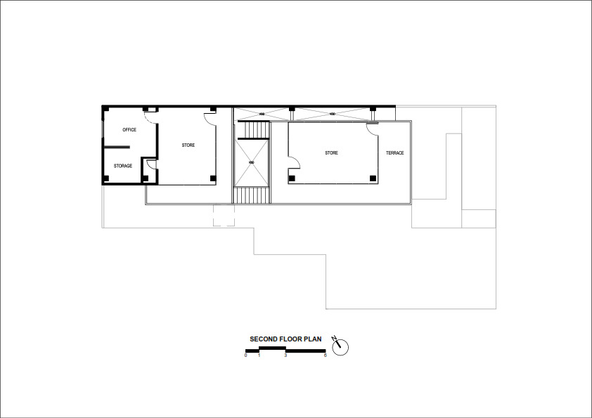 Second floor plan drawing showing office, storage, store, and terrace spaces around central stair