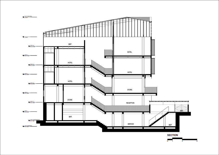 Section drawing revealing staggered floor plates connected by diagonal stairs and a pitched roof