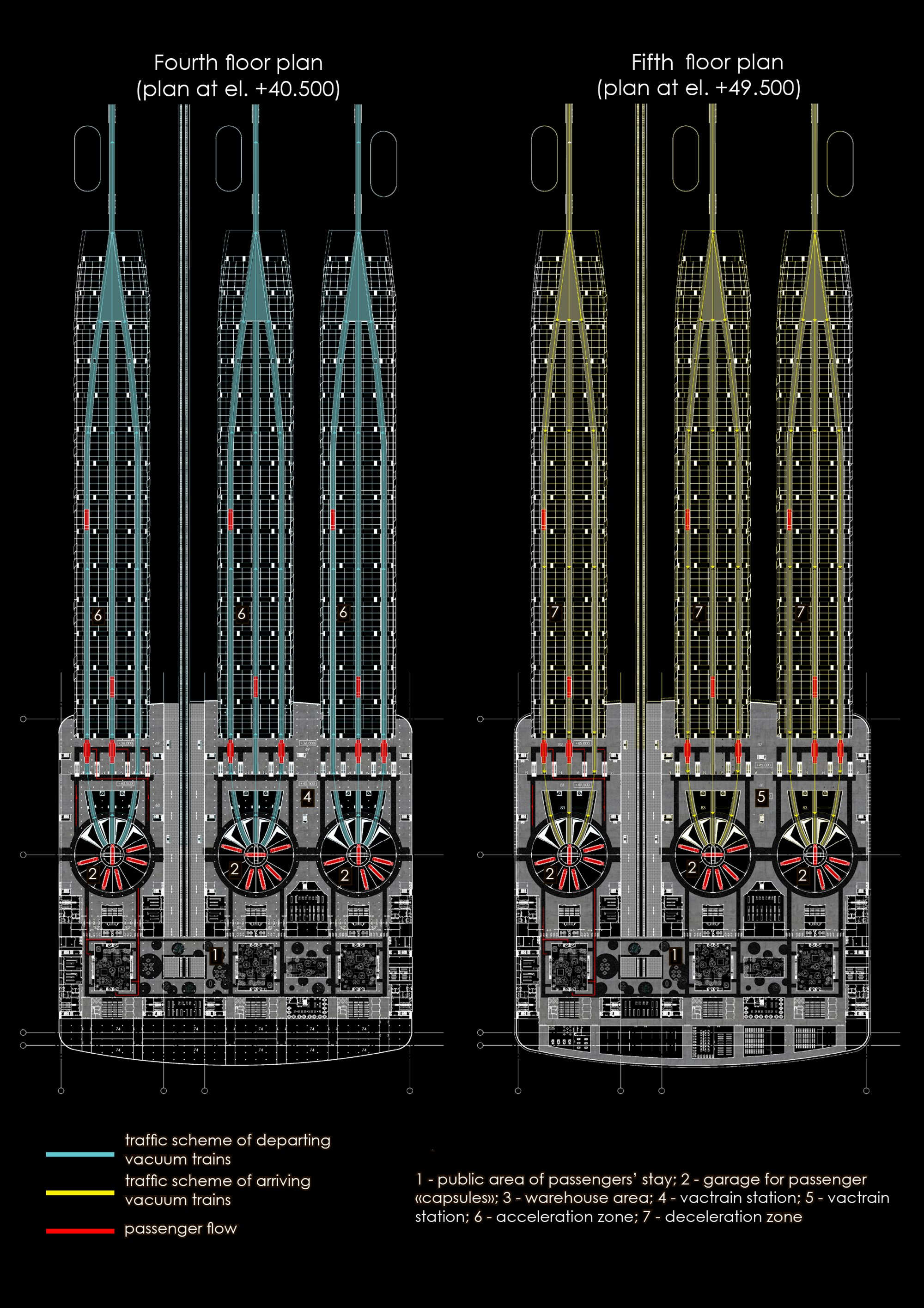 Fourth and fifth floor plans illustrating Hyperloop capsule movement, acceleration zones, and spatial organization