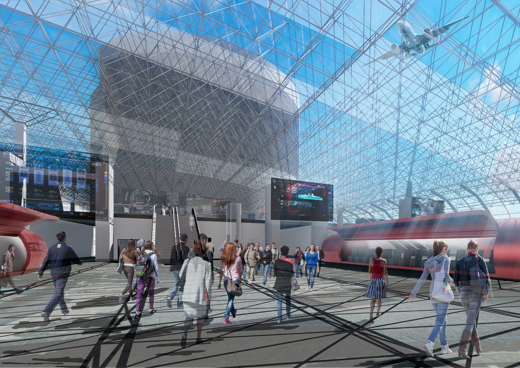 Interior view of the transport hub showcasing large-span structural grid and high-capacity passenger circulation