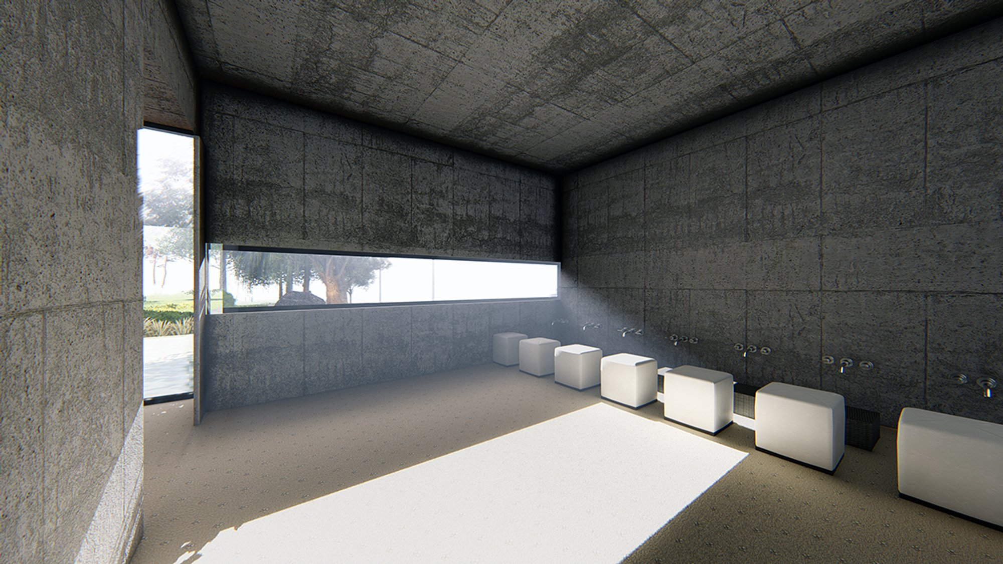 Soft daylight washes over raw concrete, transforming a minimal ablution space into a quiet moment of reflection and ritual.
