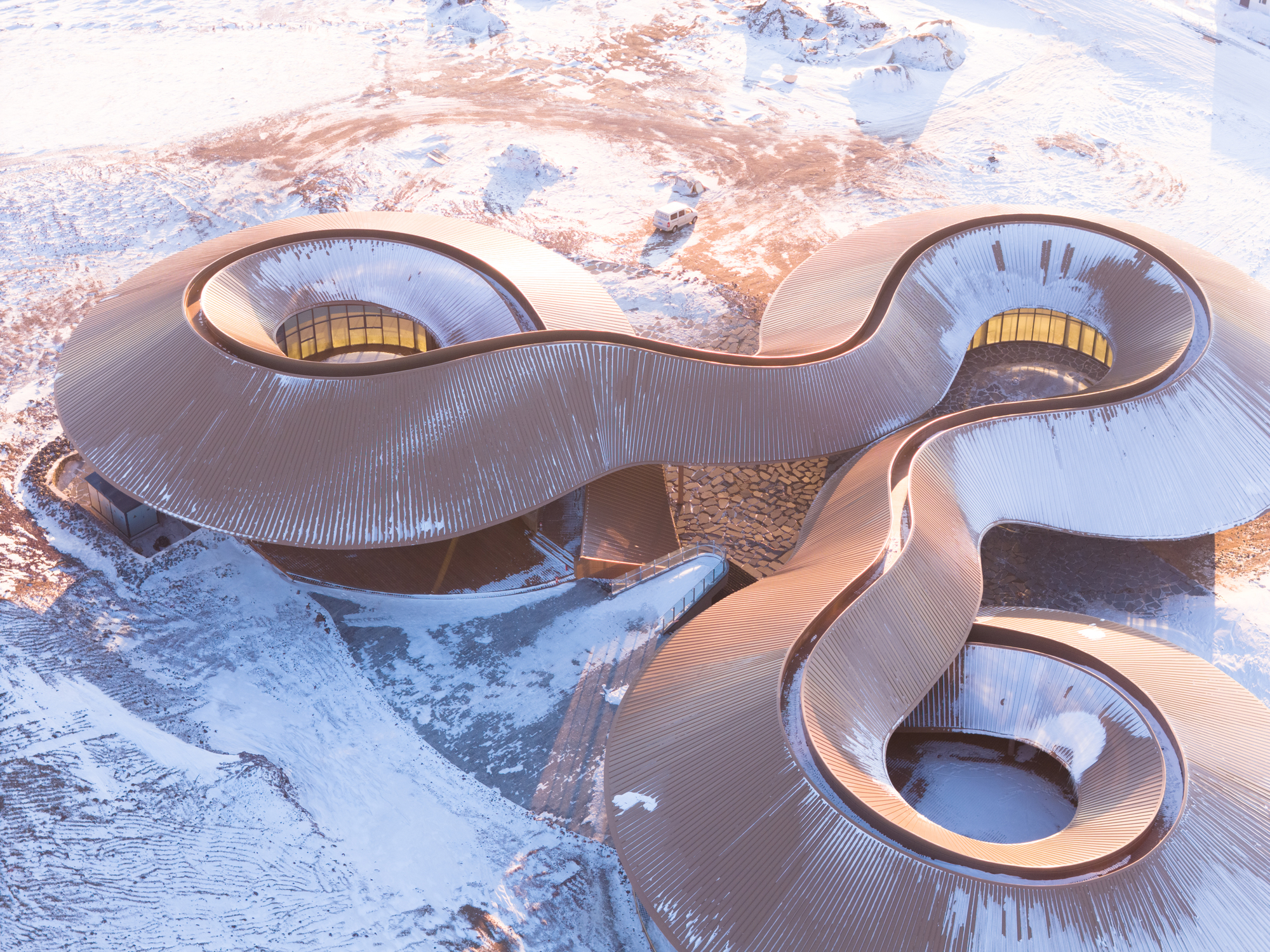 Aerial of the entire roof showing the three lobes joined into a triskelion form