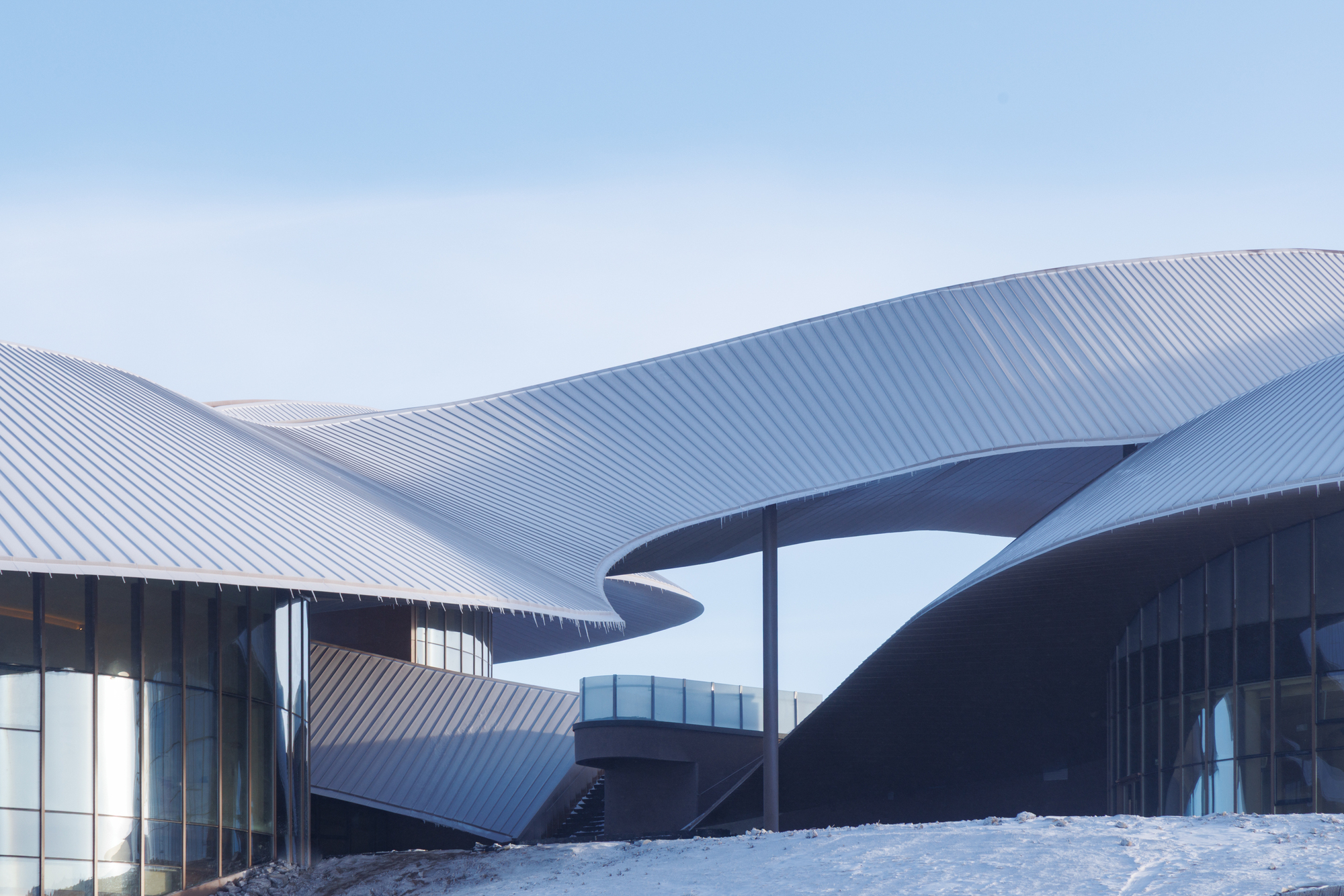 Detail of the wave-like roof from below with steel columns supporting it
