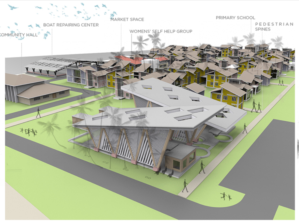 Regenerative housing clusters integrate community hall, market spaces, and pedestrian spines within Mahim Koliwada’s adaptive urban fabric.