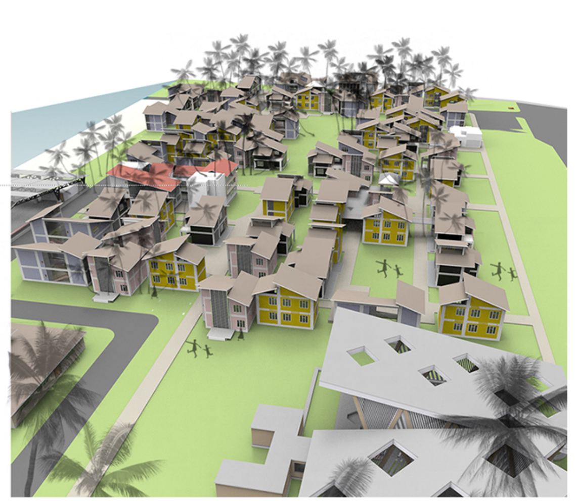 Organic settlement planning combines incremental housing, shared open spaces, and coastal proximity to support livelihoods and social cohesion.