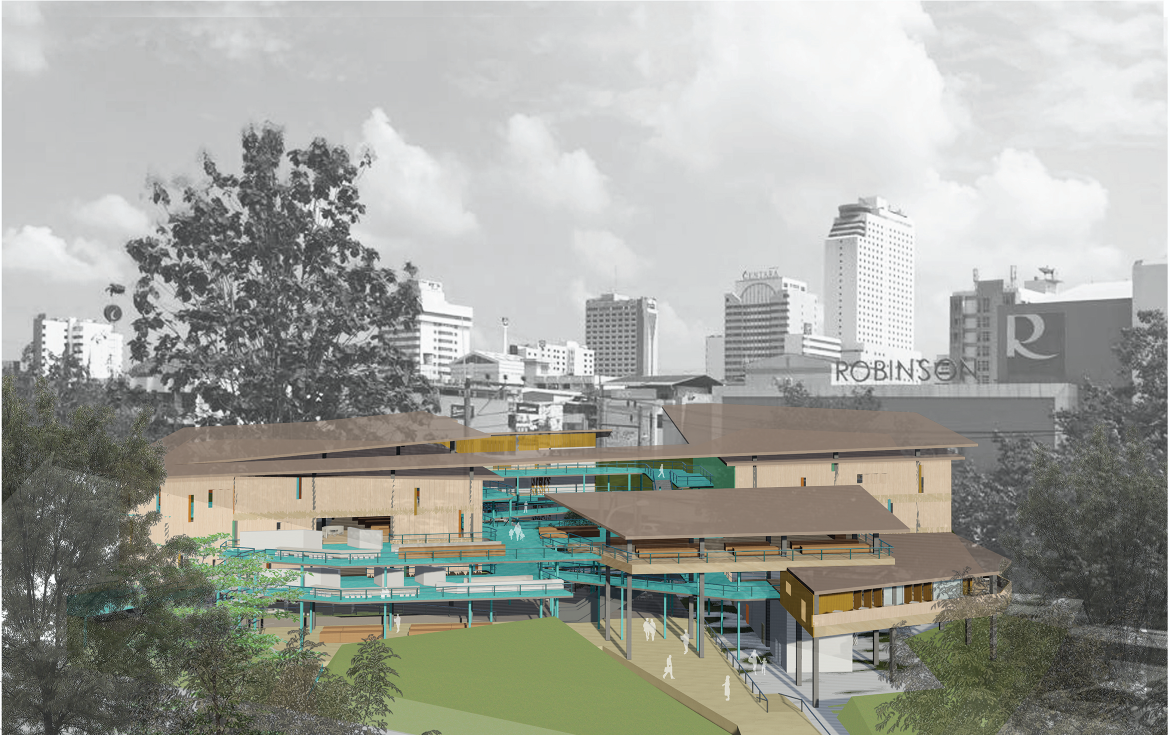 Multicultural public hub in Hat Yai reconnects communities through elevated walkways, open terraces, and layered cultural spaces.