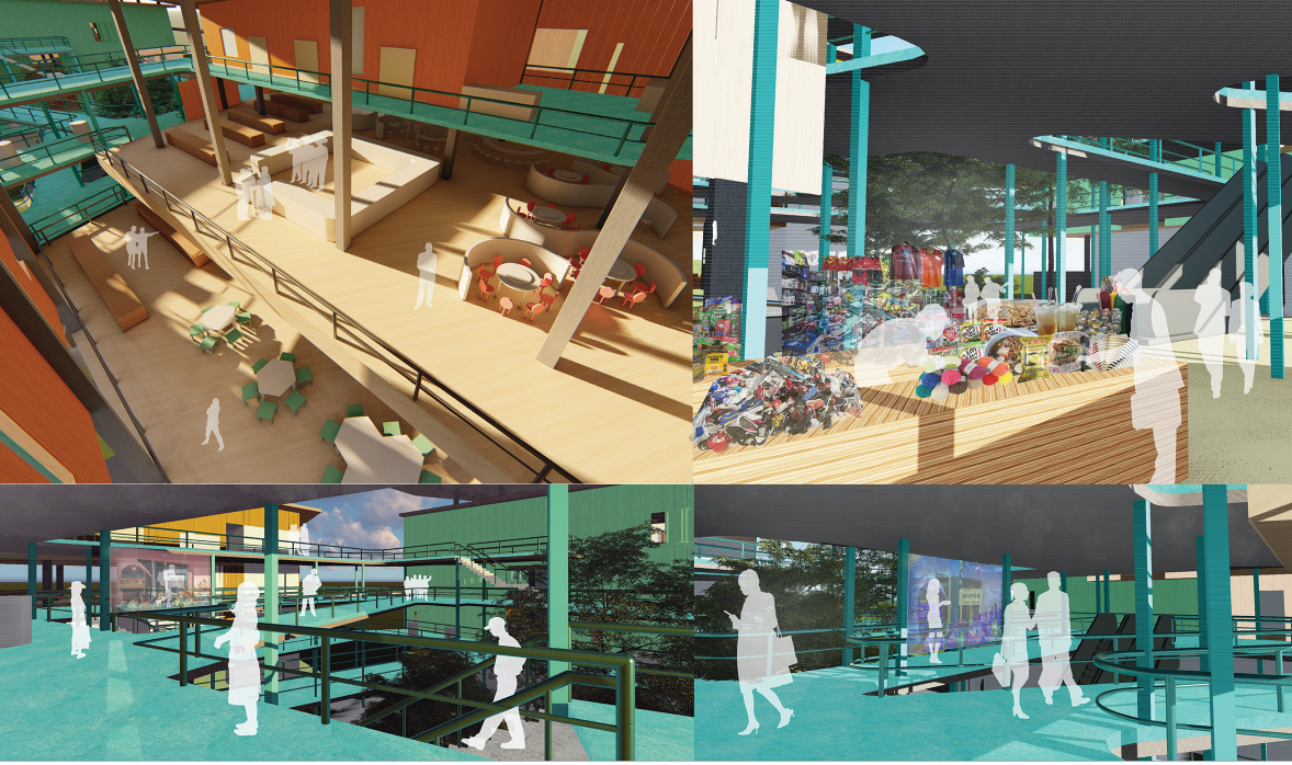 Interior circulation spaces integrate food markets, social seating, and exhibition zones to encourage cultural interaction and public engagement.