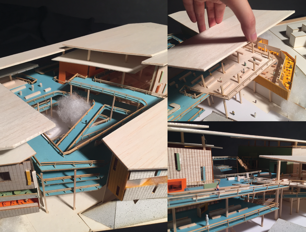 Detailed model views reveal the layered circulation system and open cultural platforms connecting multiple program zones.