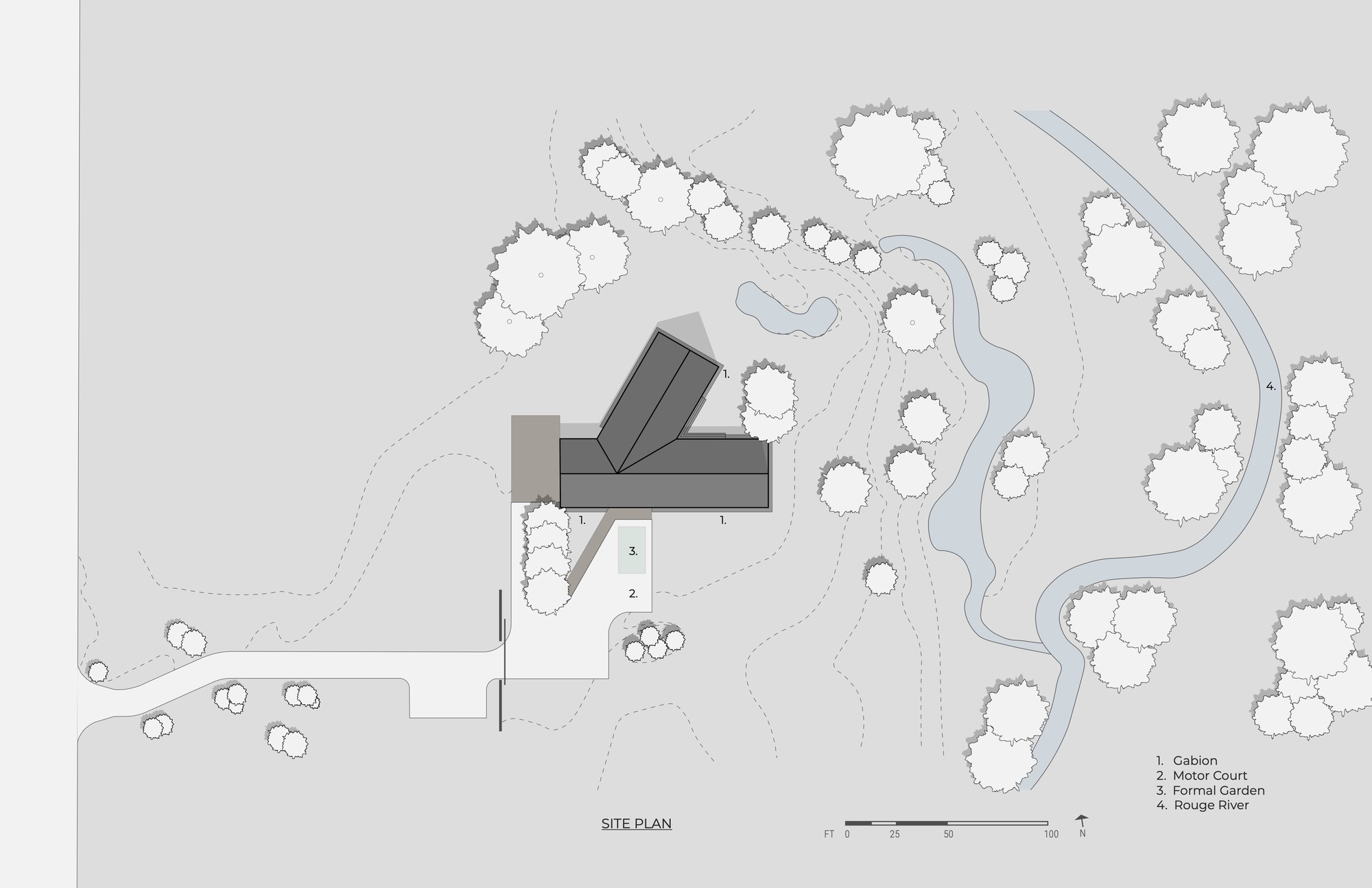 Site plan drawing showing angular building volumes near a winding river with scattered trees