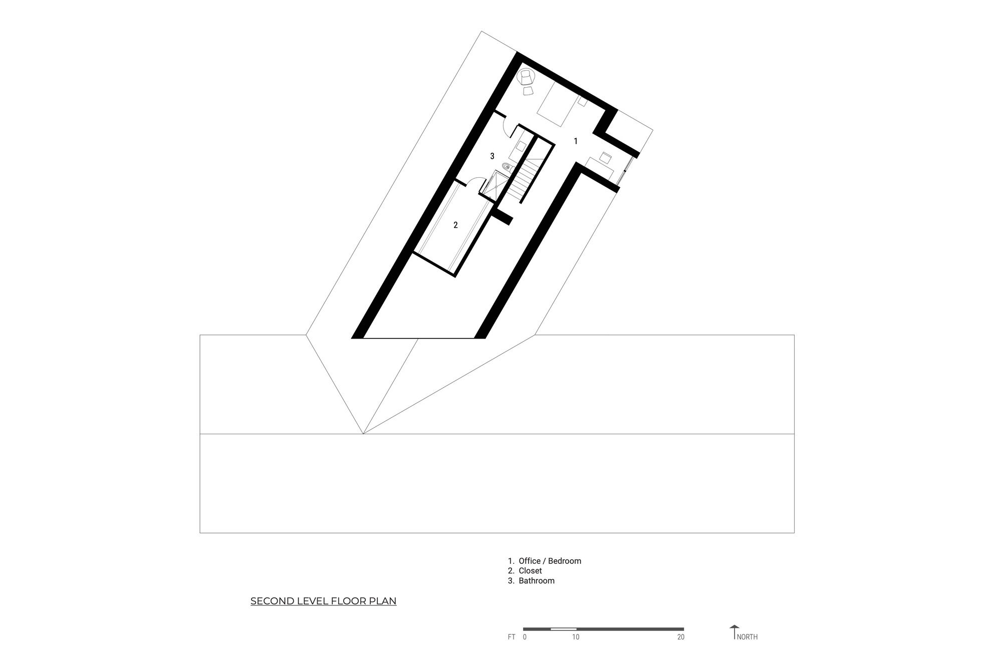 Second level floor plan drawing showing office and bedroom spaces above a linear cantilevered plane