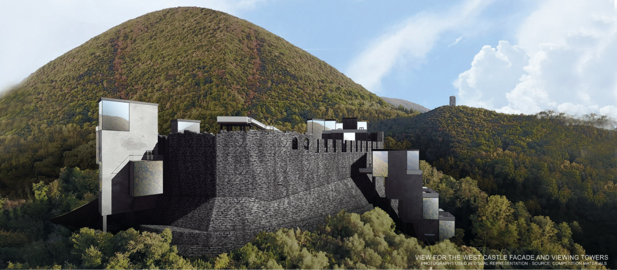 Contrast between medieval stone walls and modern insertions defining the project’s architectural language