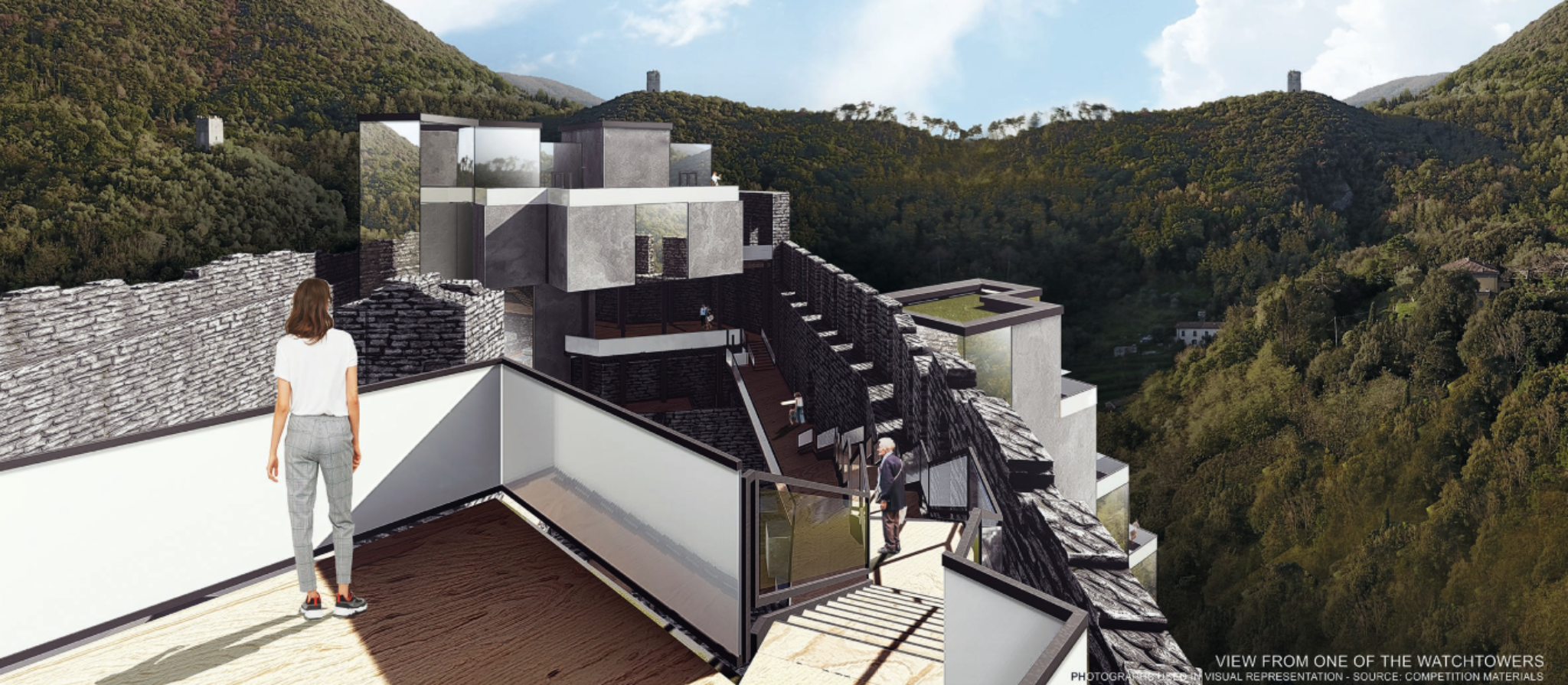 Elevated pathways and viewing terraces activating circulation within the historic fortress structure