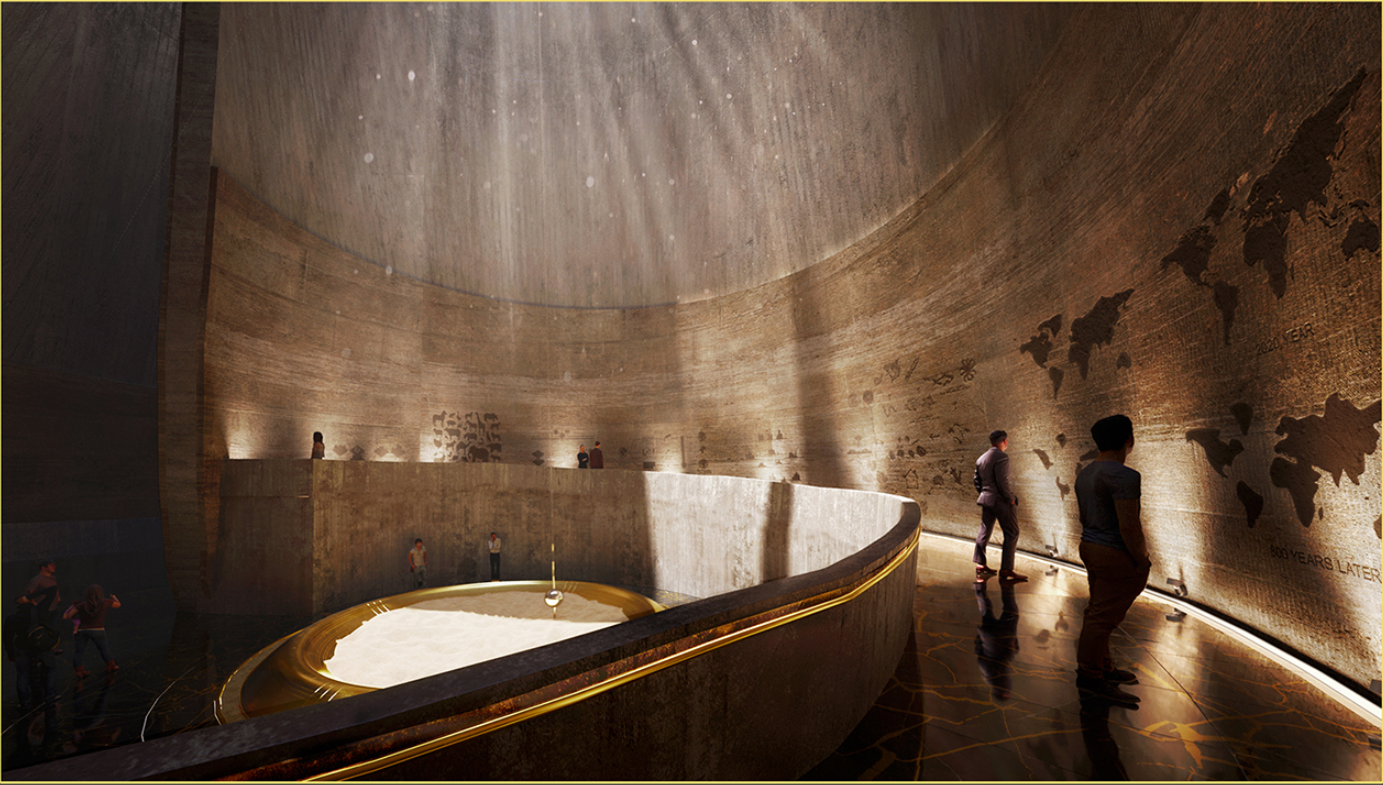 Immersive interior with climate data etched into stone walls