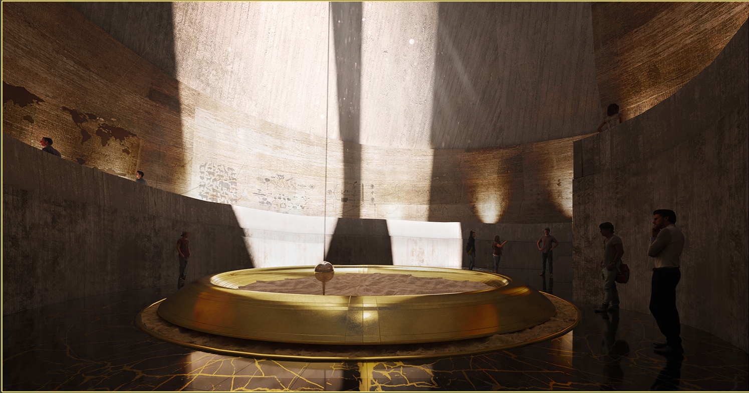 Monumental chamber centered around the sand-filled basin