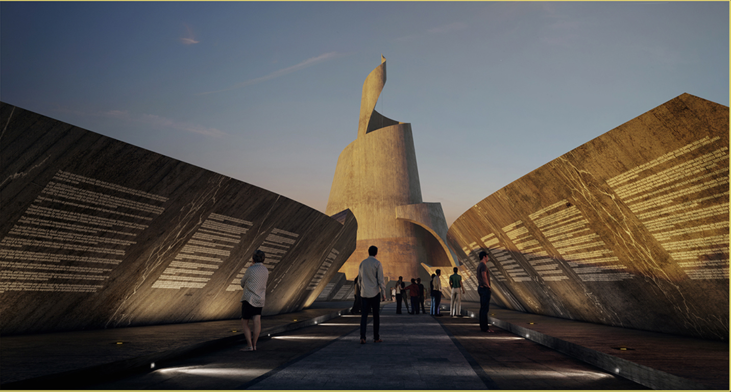 Processional entry guiding visitors toward the central tower