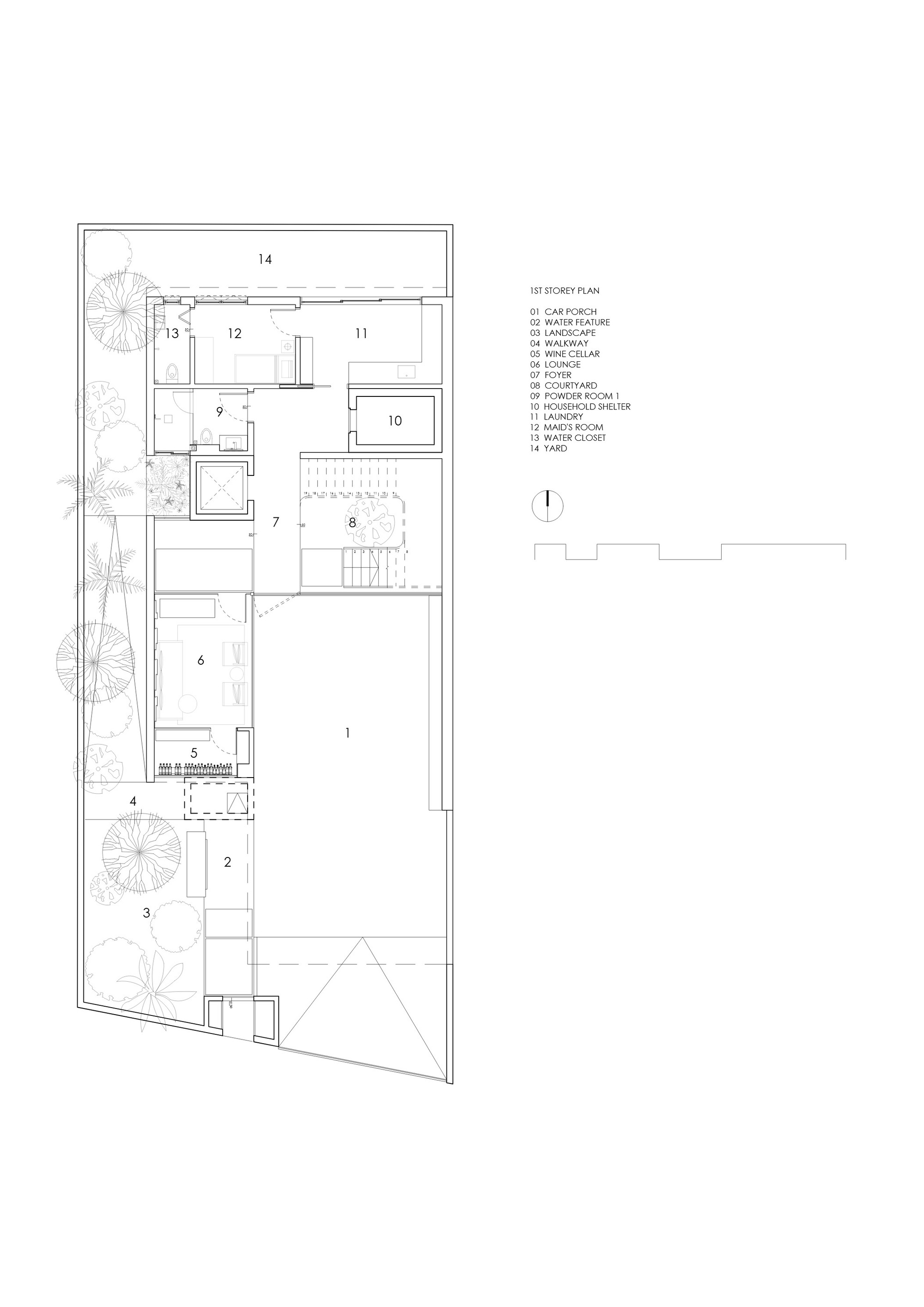First floor plan drawing showing bedroom layout with central staircase and adjacent outdoor terrace