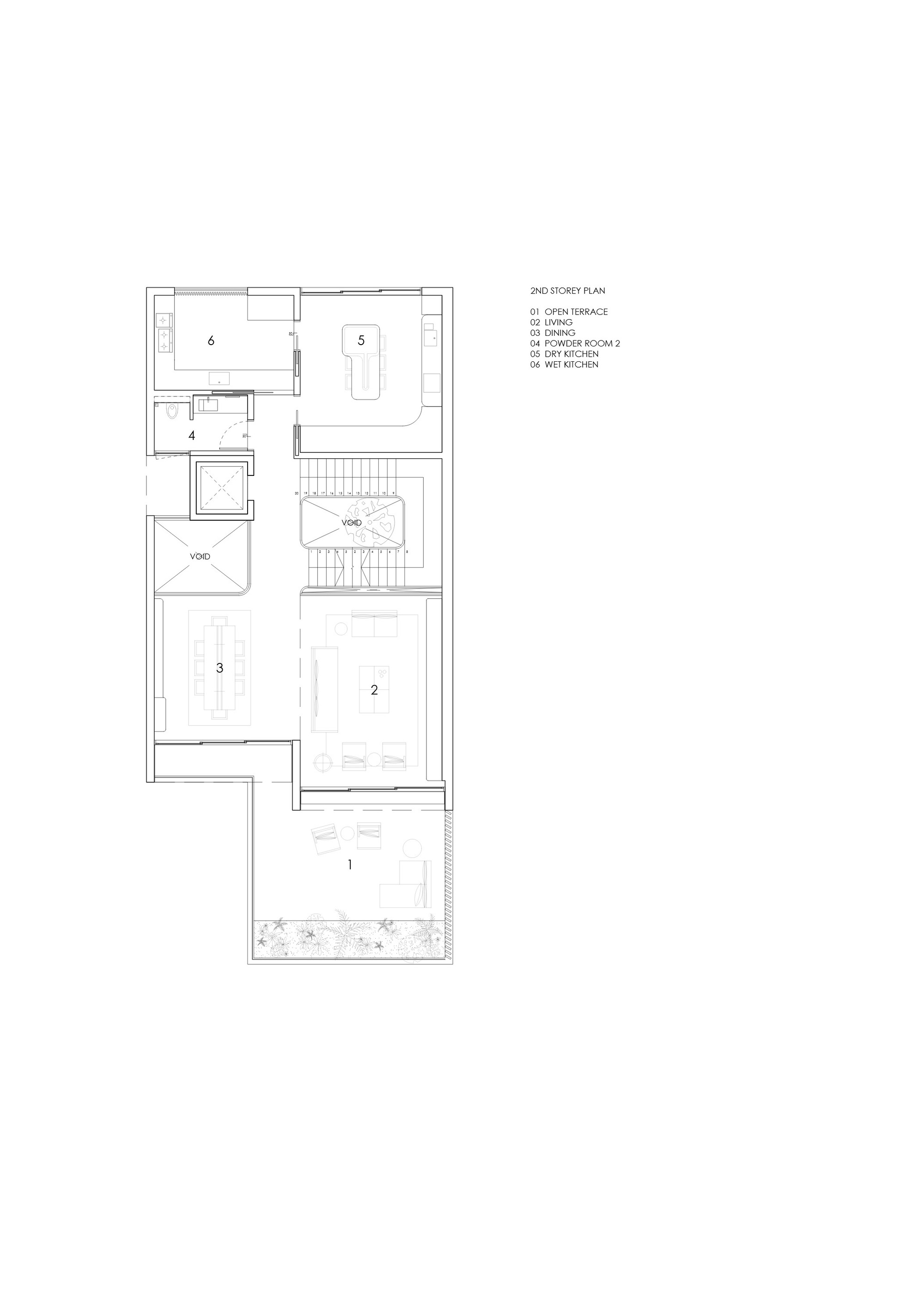 Second floor plan drawing showing numbered rooms arranged around a central stairwell and void