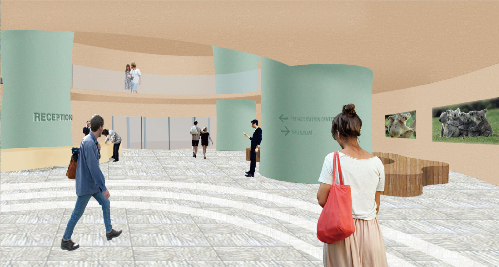 Reception area designed as a central node guiding visitors through rehabilitation and museum spaces.