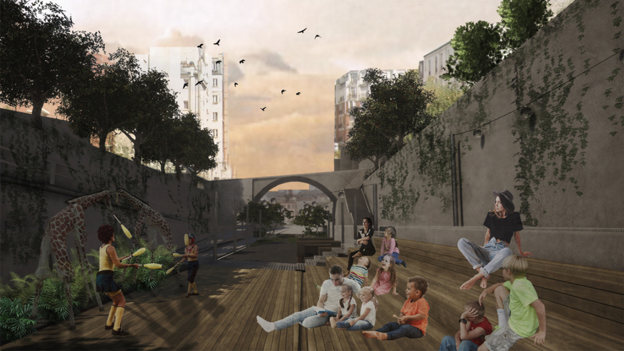 A sunken urban grandstand transforms a former railway into a vibrant social stage for play, rest, and community interaction.