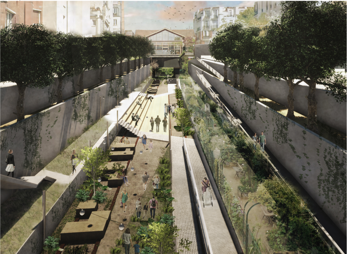 Aerial view reveals layered adaptive reuse, where pathways, vegetation, and public programs coexist within the revived railway trench.