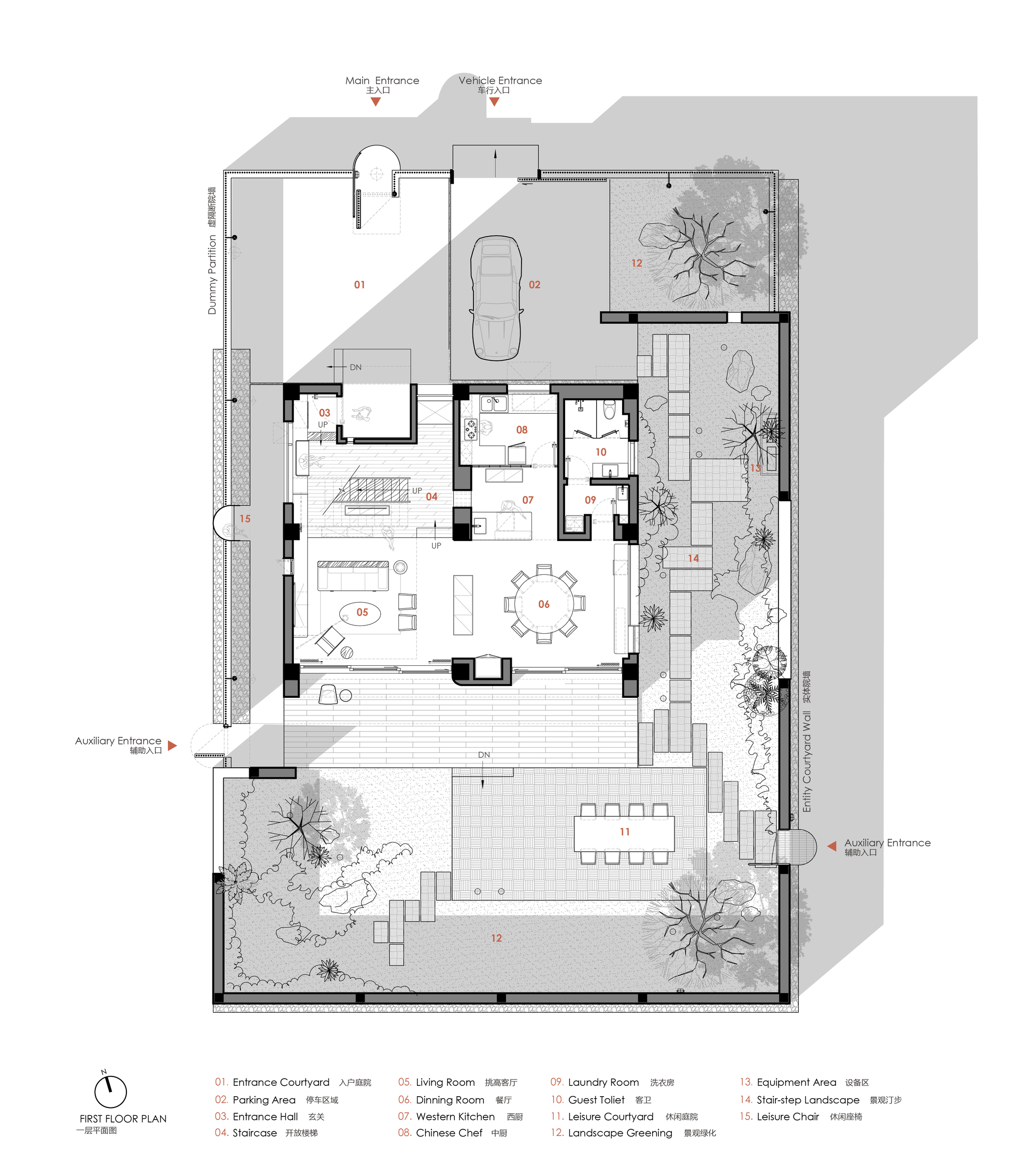 First floor plan drawing showing parking, entrance courtyard, living areas and planted landscape zones