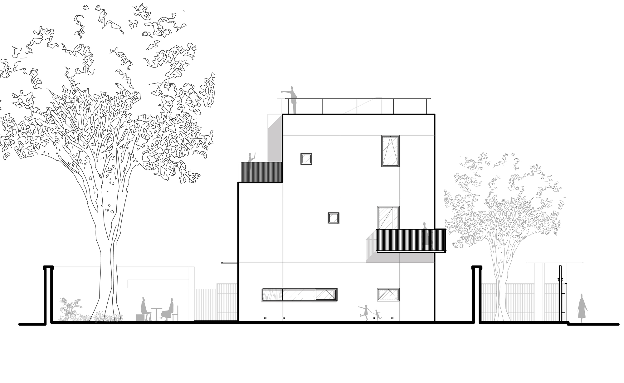 Elevation drawing displaying the facade with balconies, window openings, and surrounding landscape elements