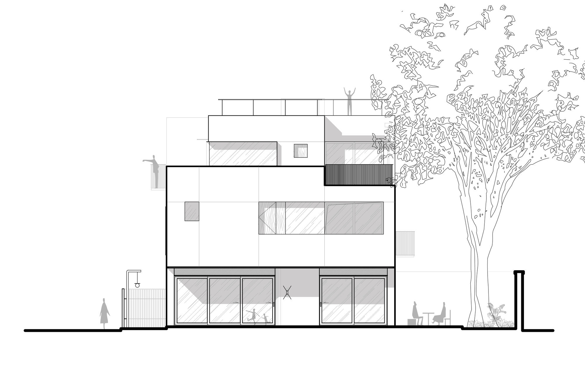Elevation drawing of the street-facing facade with ground-floor glazing and an overhanging tree canopy