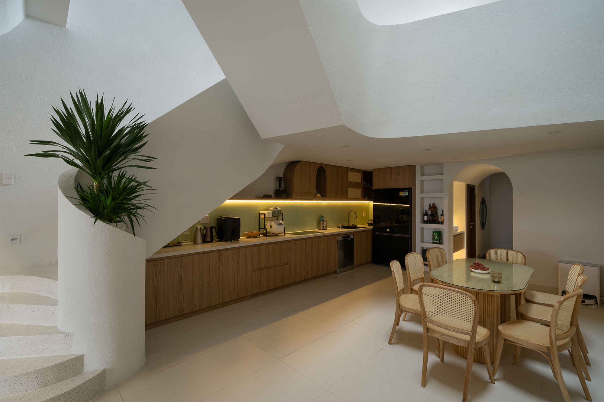 Open kitchen and dining area with timber cabinetry beneath angular white ceiling and potted palm