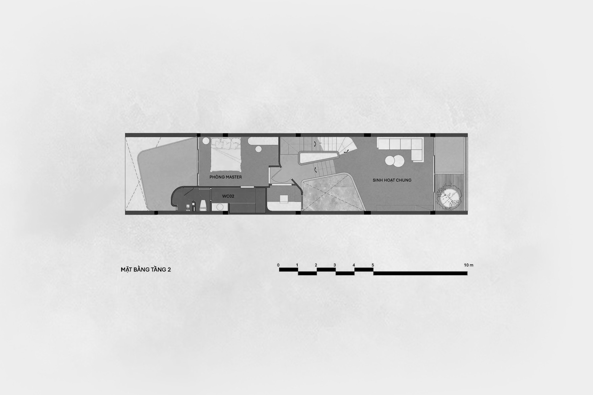 Second floor plan with master bedroom suite, central bathroom core, and dining terrace