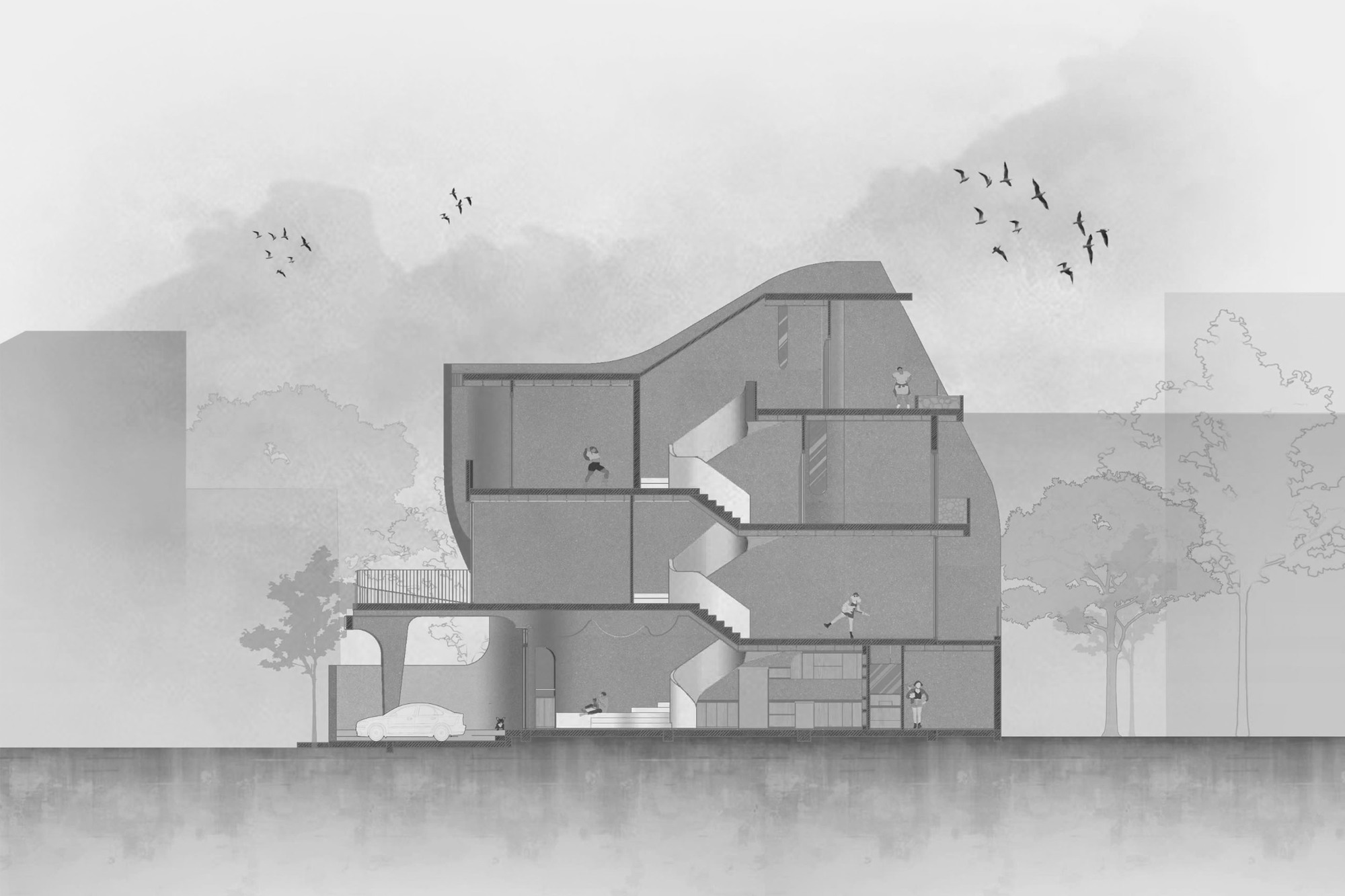 Section drawing showing zigzagging staircases connecting split-level floors with inhabitants and trees outside