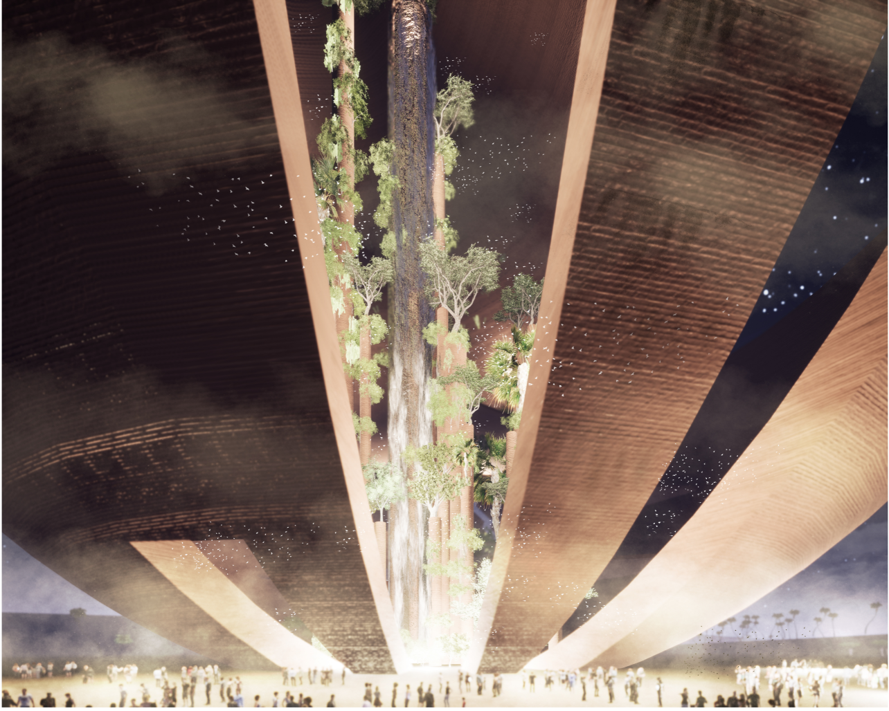 Dramatic interior void with cascading waterfall and vertical greenery creates a living ecosystem
