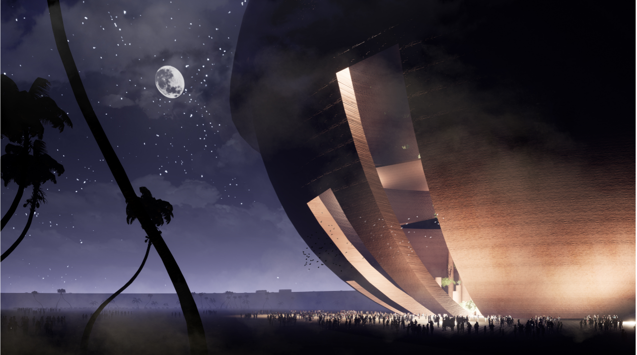 Night view highlights glowing cut openings, emphasizing contrast between exterior harshness and interior refuge