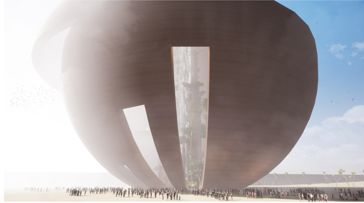 Entry cuts frame the interior landscape, guiding visitors into a narrative of climate urgency