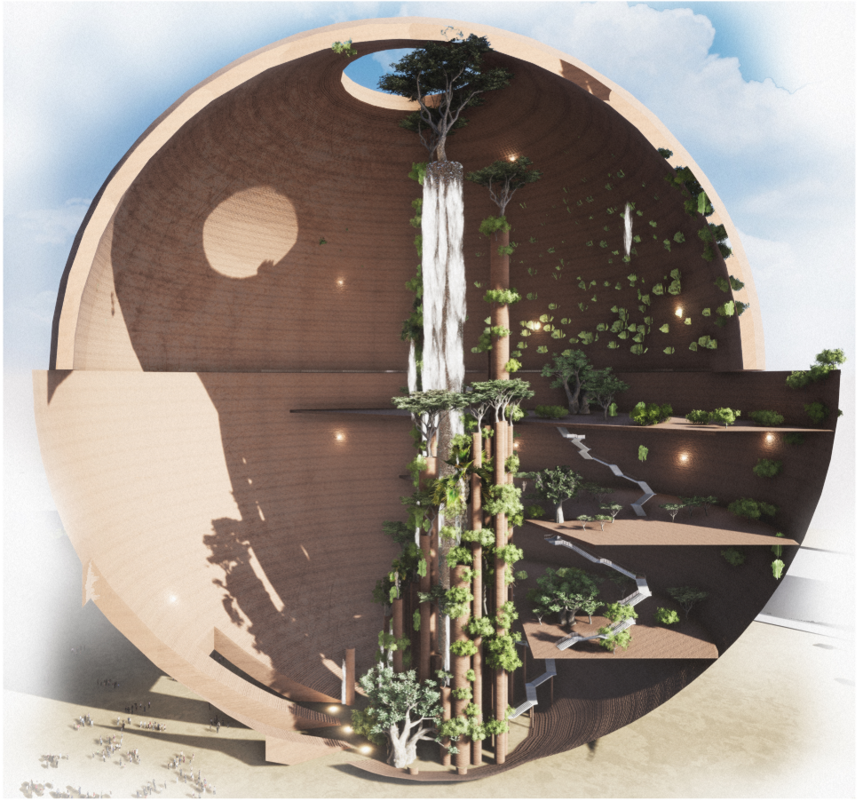 Sectional perspective exposes layered interior terraces, biodiversity zones, and passive environmental design