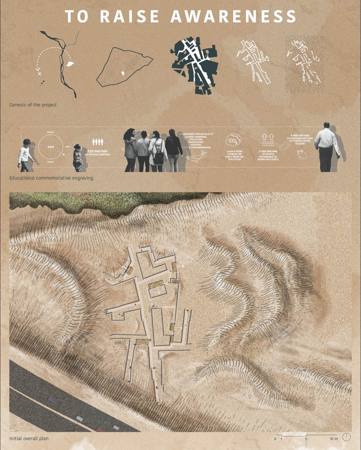 Concept diagrams and plan reveal a street translated into an architectural trace of awareness.