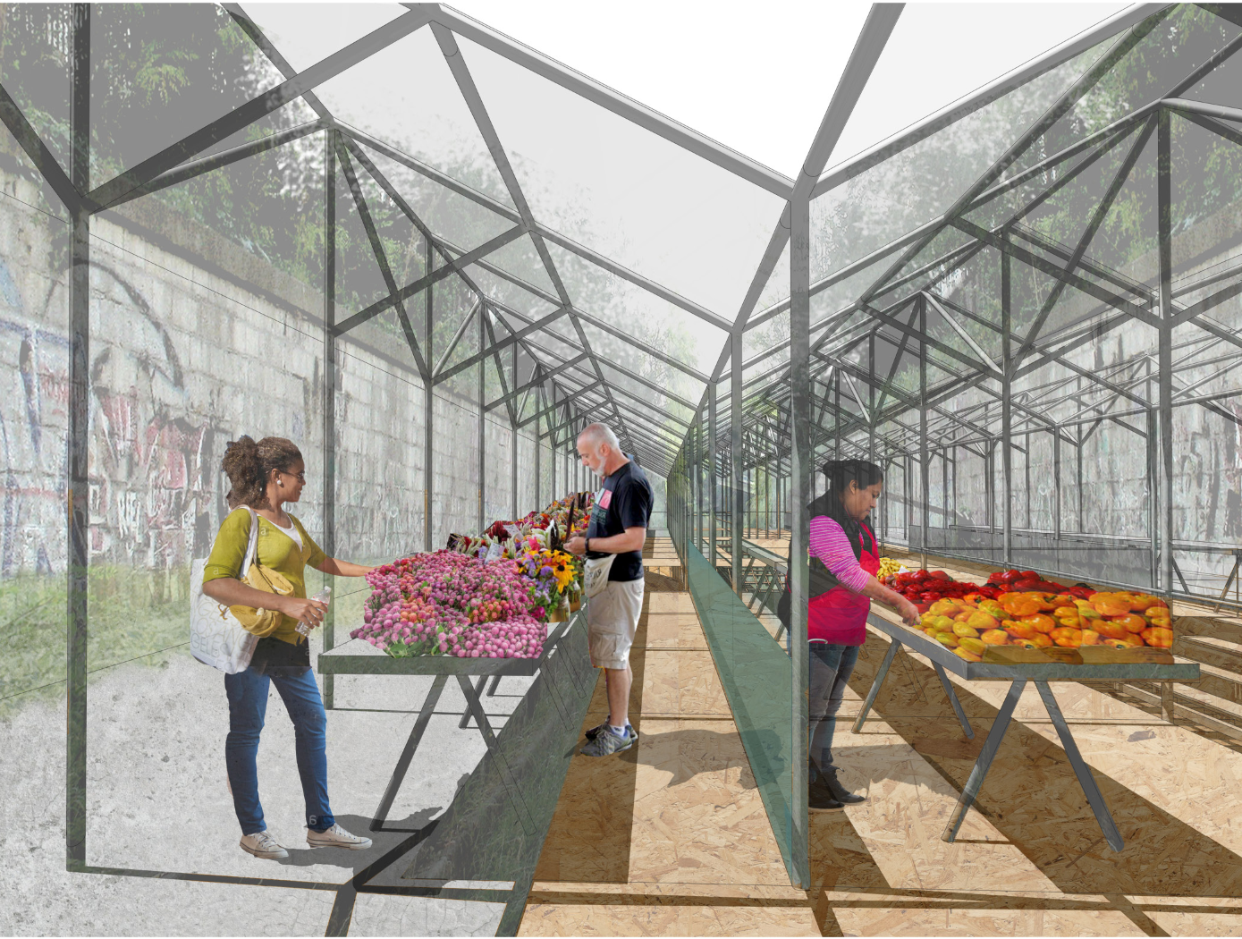 Performance, circulation, and landscape merge to transform the abandoned rail corridor into an active public spine.