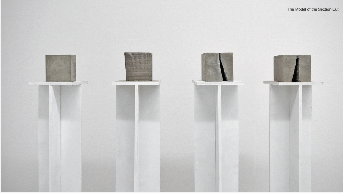 Progressive section models illustrate the transformation from solid mass to fractured void, defining the architectural language of the scar.