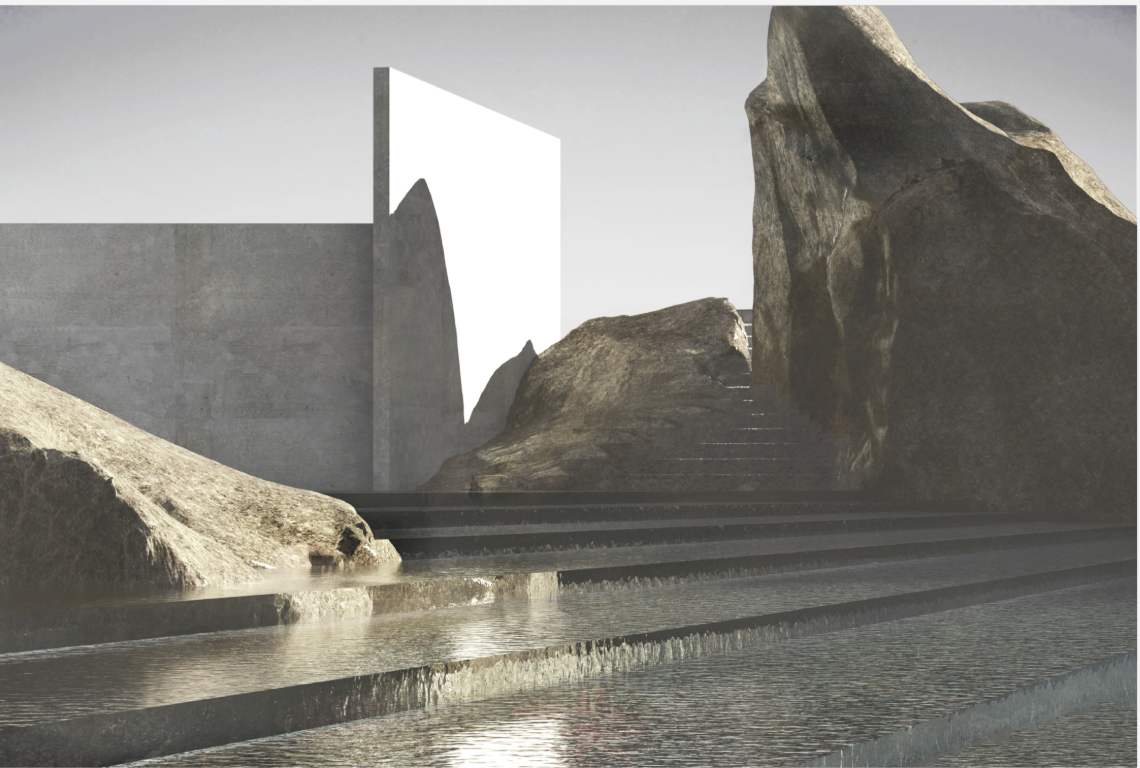 Water, stone, and light converge to create a contemplative threshold, blurring boundaries between natural terrain and constructed space.