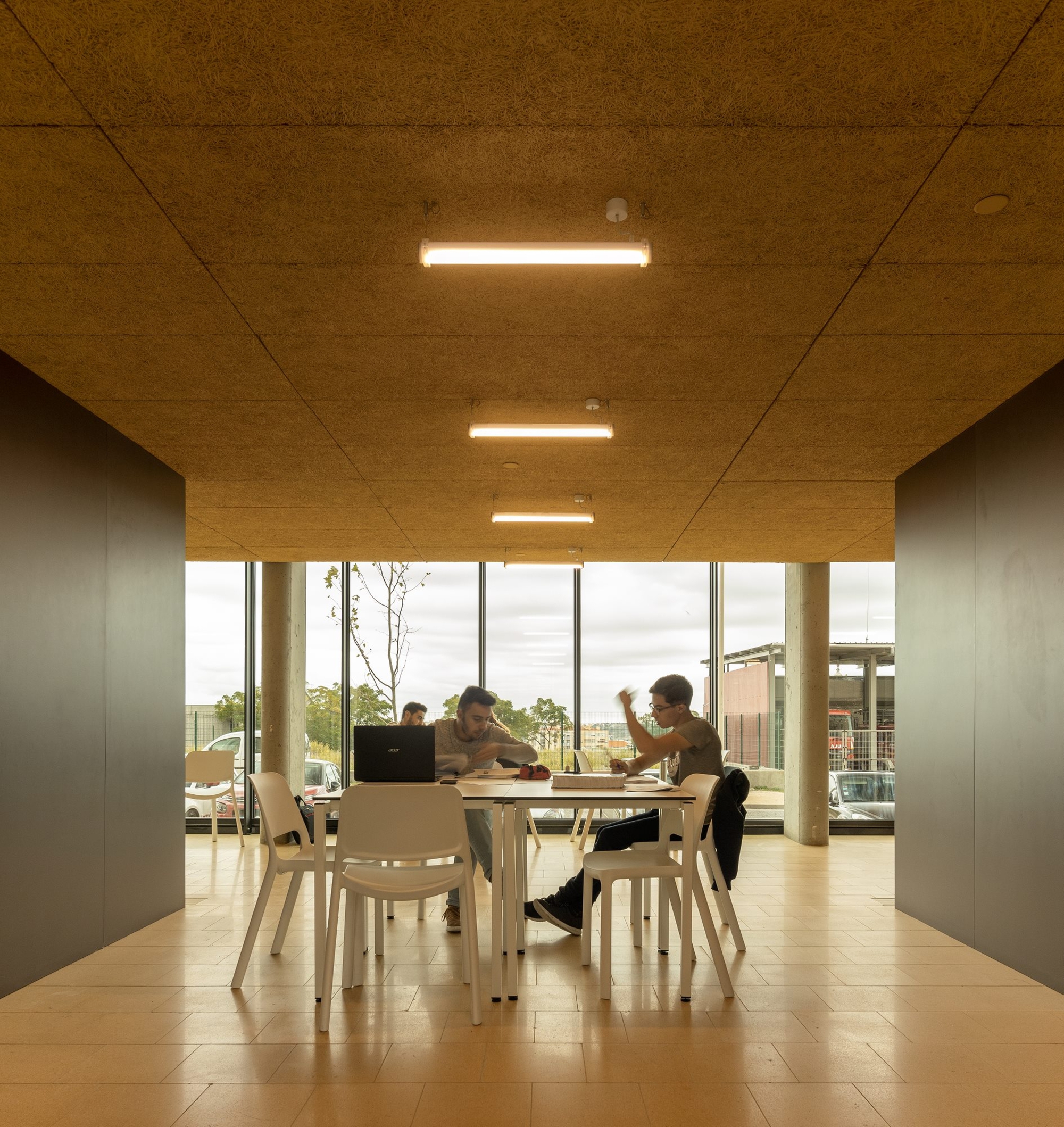 Dining area with light timber table and chairs beneath a cork panel ceiling with linear fixtures